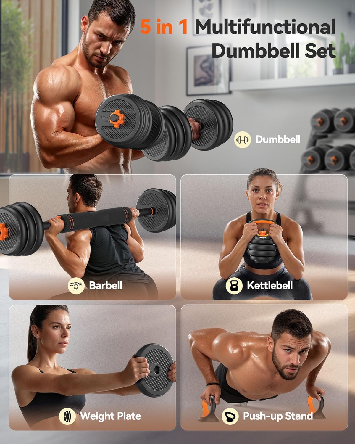 Adjustable Dumbbell & Barbell Weight Set for Home Gym - 5-in-1 Free Weights with Connector